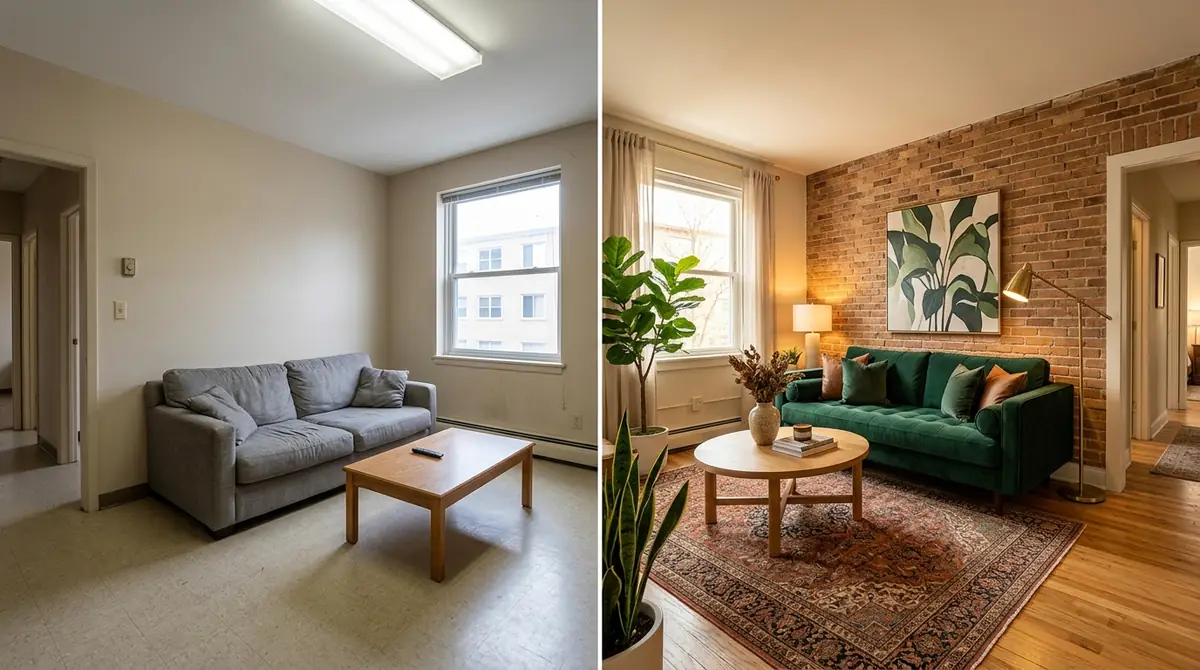 Before and after of the same short-term rental living room: on the left a plain, beige, forgettable setup, on the right a warm, characterful, boutique-style redesign that photographs well