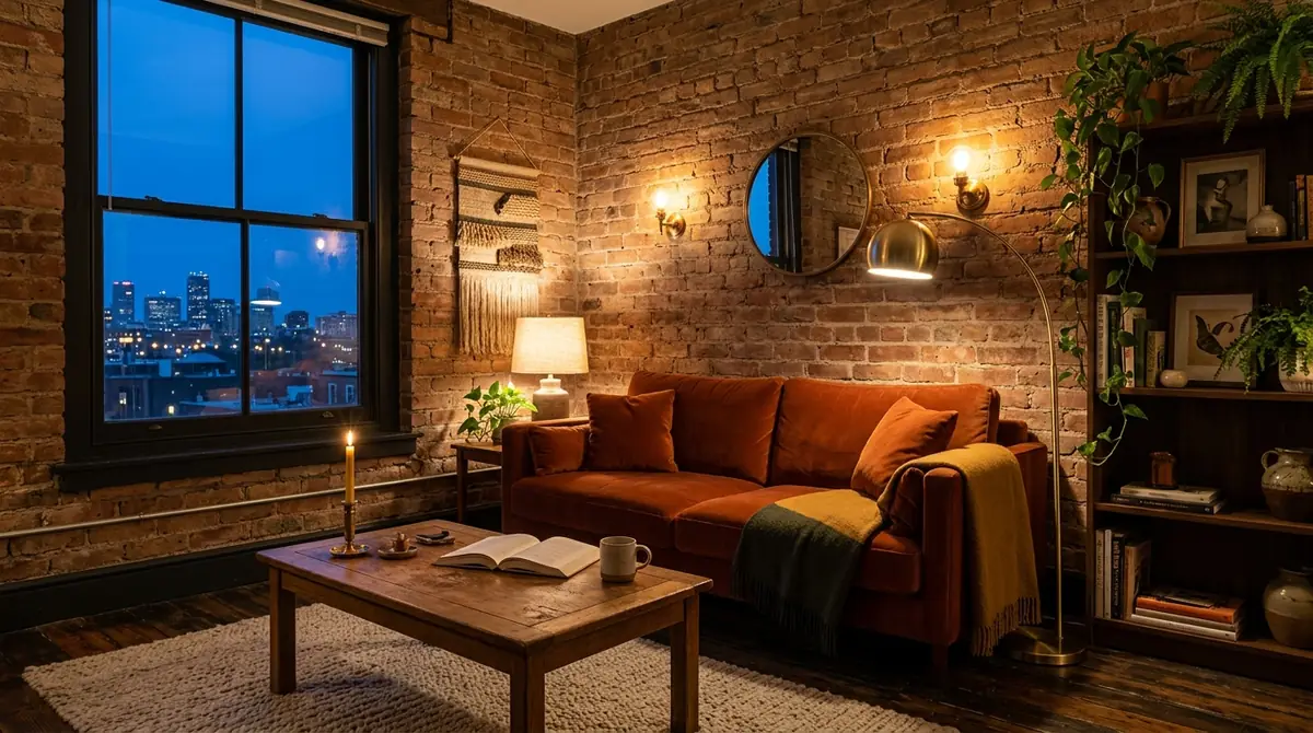 A short-term rental living room at dusk lit by layered warm lighting, a table lamp, an arc floor lamp, wall sconces, and a candle, creating cosy pools of light
