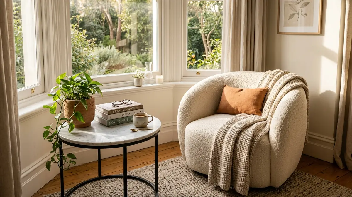 A small styled photogenic corner in a rental: a cosy window reading nook with a boucle armchair, a side table with coffee and books, a trailing plant and a soft throw
