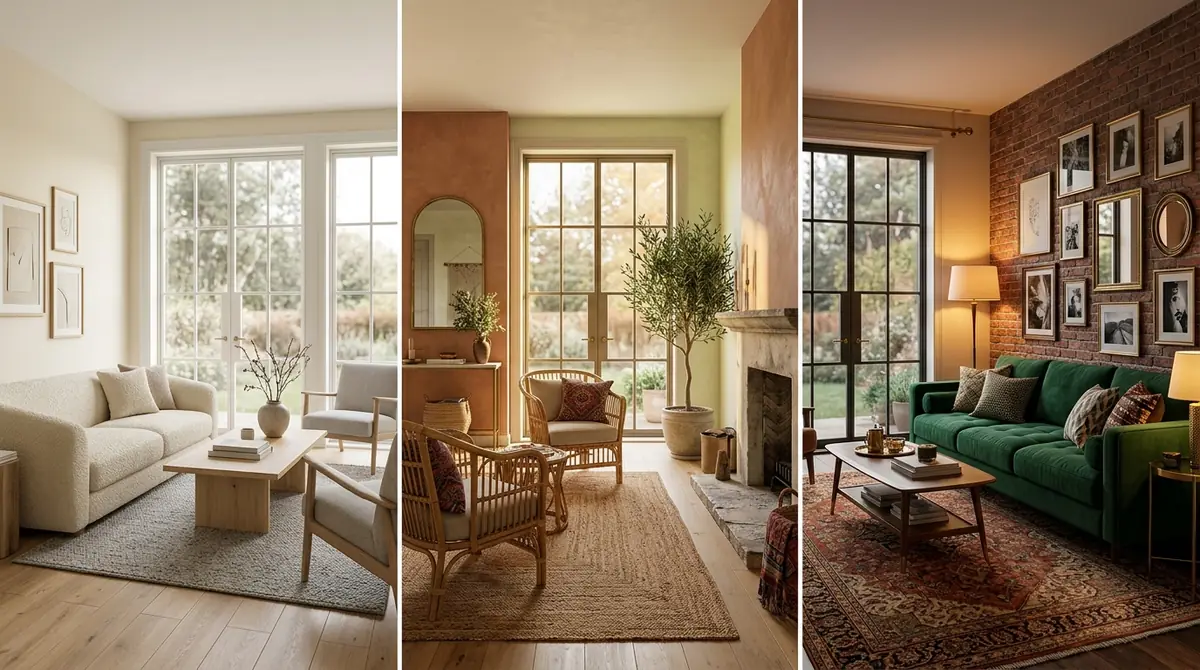 The same short-term rental living room shown in three different standout interior styles side by side, the kind of options AI can generate for a host to choose from
