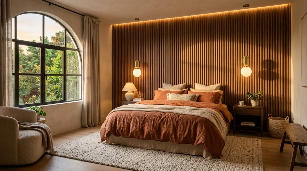 A memorable Airbnb design feature: a styled bedroom with a bold statement headboard wall, warm layered lighting, and a small reading nook by the window