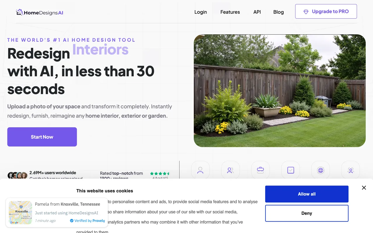HomeDesigns AI landing page for fast AI redesign of interiors, exteriors, and gardens