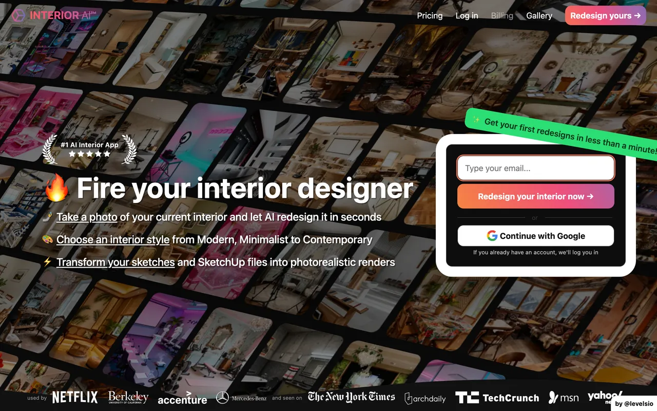 Interior AI landing page offering AI virtual staging and 40+ room restyling styles