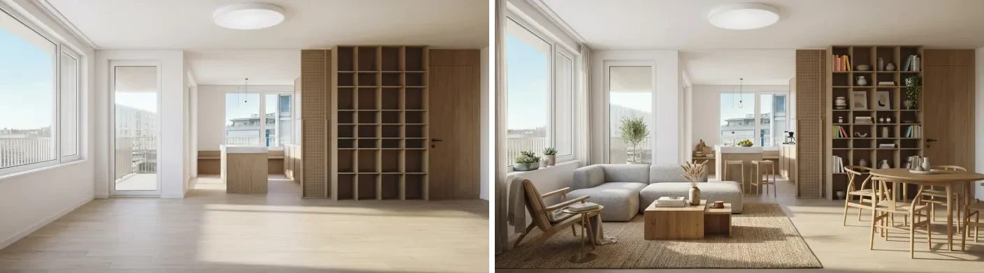 The same room before and after AI furniture placement: on the left, the empty room rebuilt in 3D from a floor plan with windows, balcony, and built-in shelving; on the right, the identical room furnished with a sofa, coffee table, rug, and dining set placed at exact scale in MeltFlex