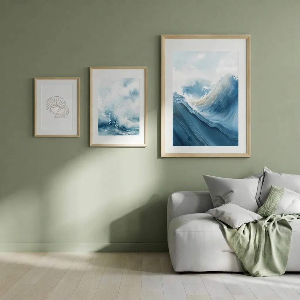 Sage green bedroom wall with three natural oak frames of increasing size holding a shell line drawing and two blue wave watercolours, above a grey sofa