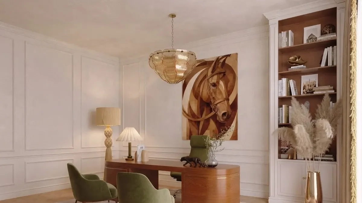 Classic home office with cream panelled walls, a curved walnut desk, green velvet chairs and one large marquetry horse panel on the wall behind the desk, about half the desk width