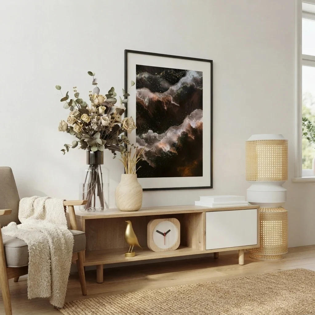 Calm neutral living room with one large framed abstract print in a black frame and wide white mat centred above a low oak console with a bouquet, a clock and a rattan lamp