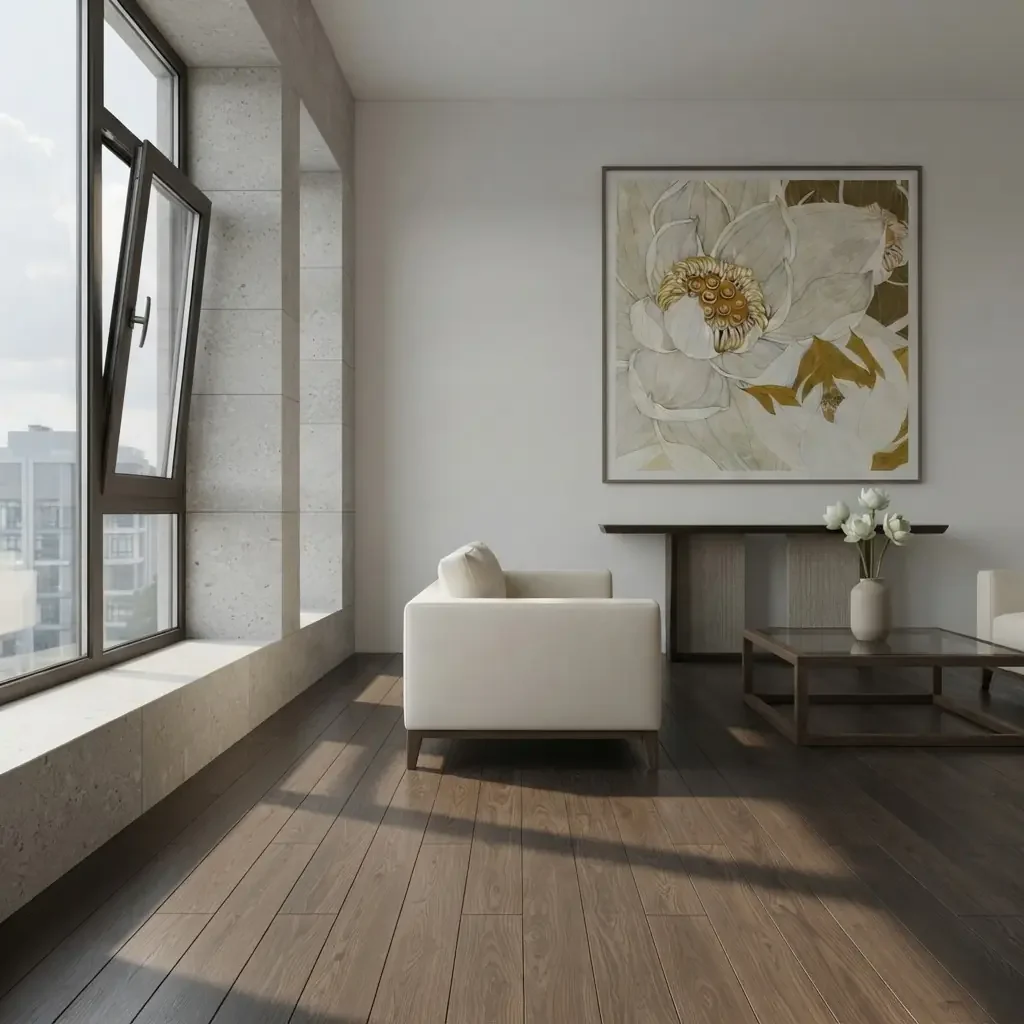 Bright minimalist living room with a white armchair, a dark console and one big square floral painting hung above the console at almost its full width, tall windows on the left