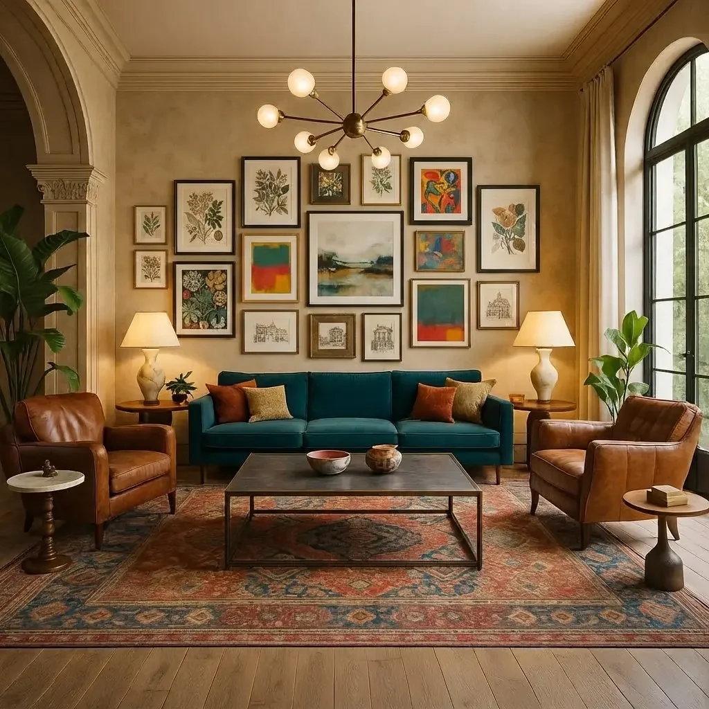 Warm lounge with a teal velvet sofa, two tan leather armchairs, ceramic table lamps and a dense salon-style wall of framed botanical and abstract prints that spans wider than the sofa