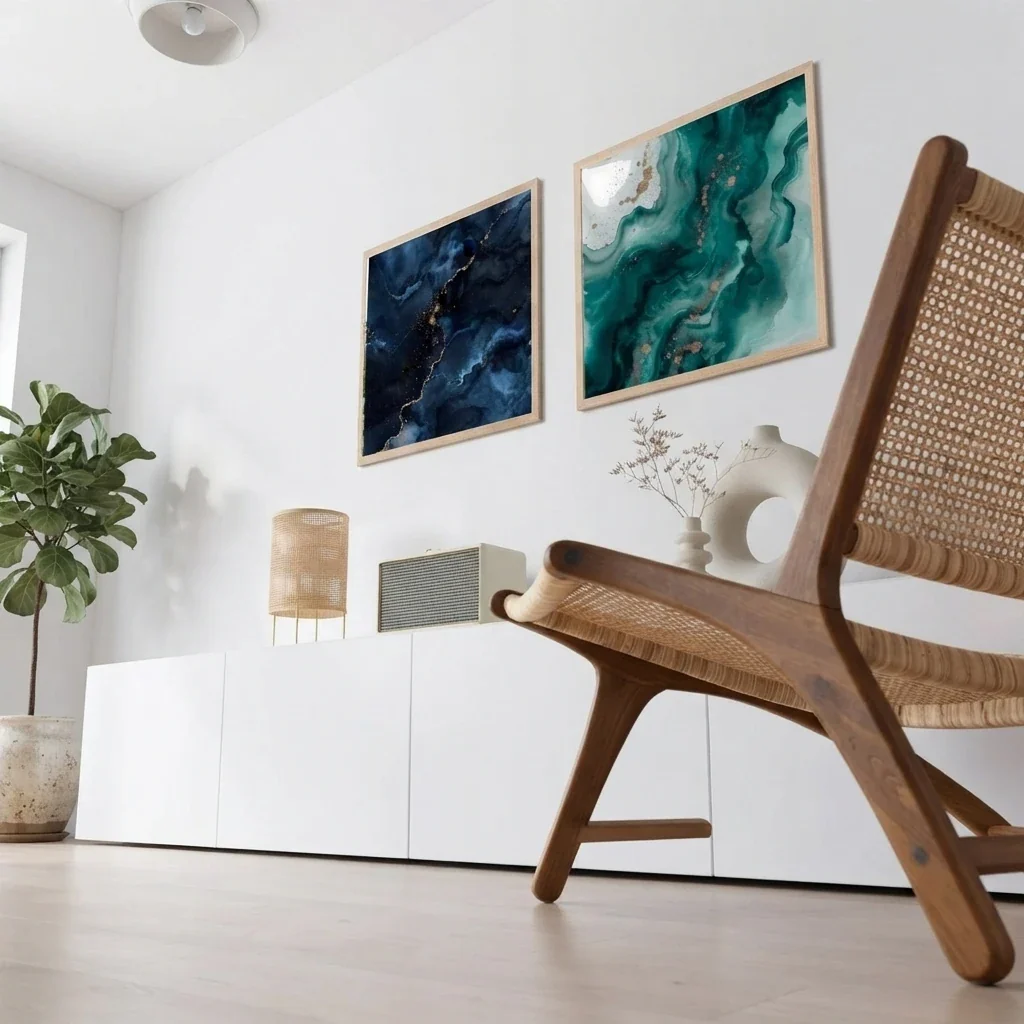 White minimal room with two large oak framed abstract prints in navy and teal hung side by side above a long white sideboard, a rattan lounge chair in the foreground