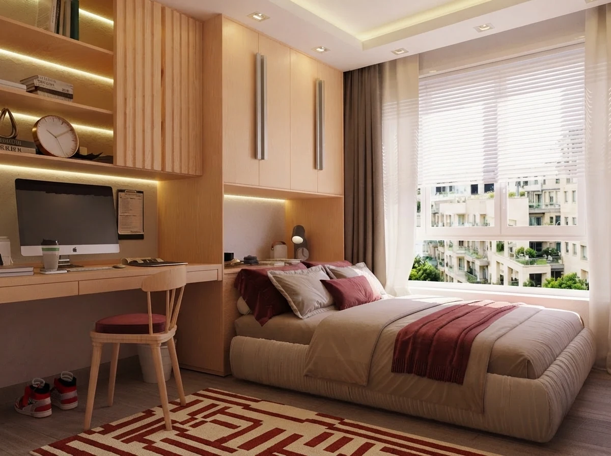 A compact bedroom with the bed tucked under built-in oak wardrobes, a desk with a chair built into the same wall run, shelves above the desk and a large window along the side
