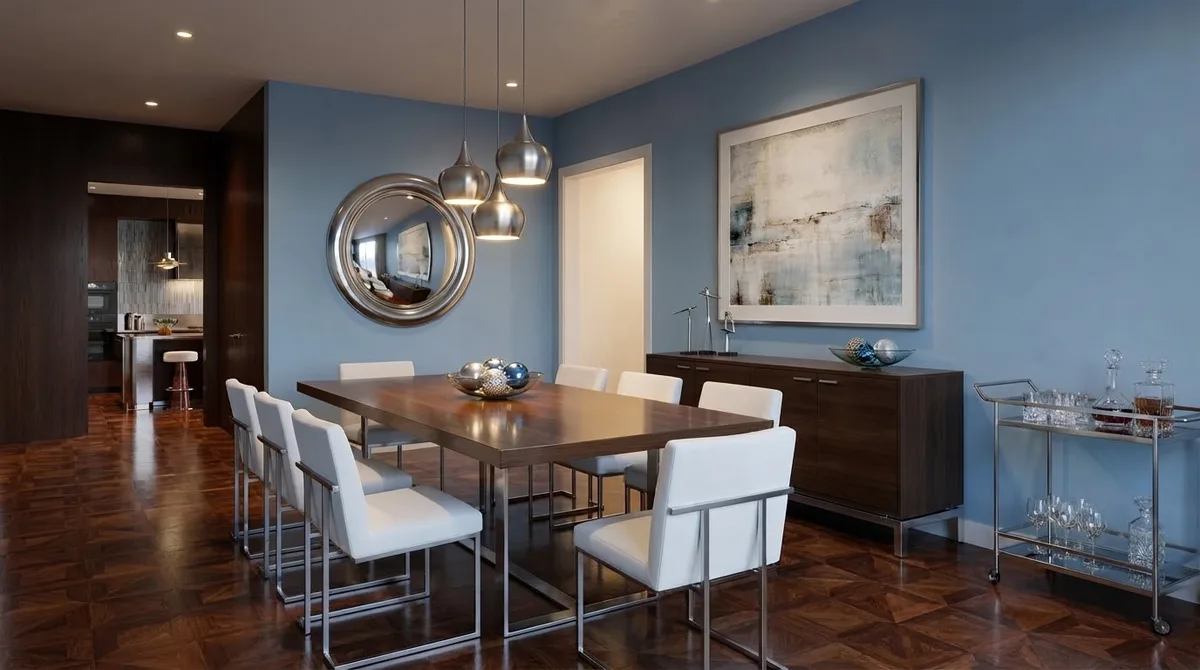 A dining room with a rectangular walnut table and white upholstered chairs centered under a cluster of pendant lights, a dark sideboard on the blue wall parallel to the table, and room to walk around the chairs