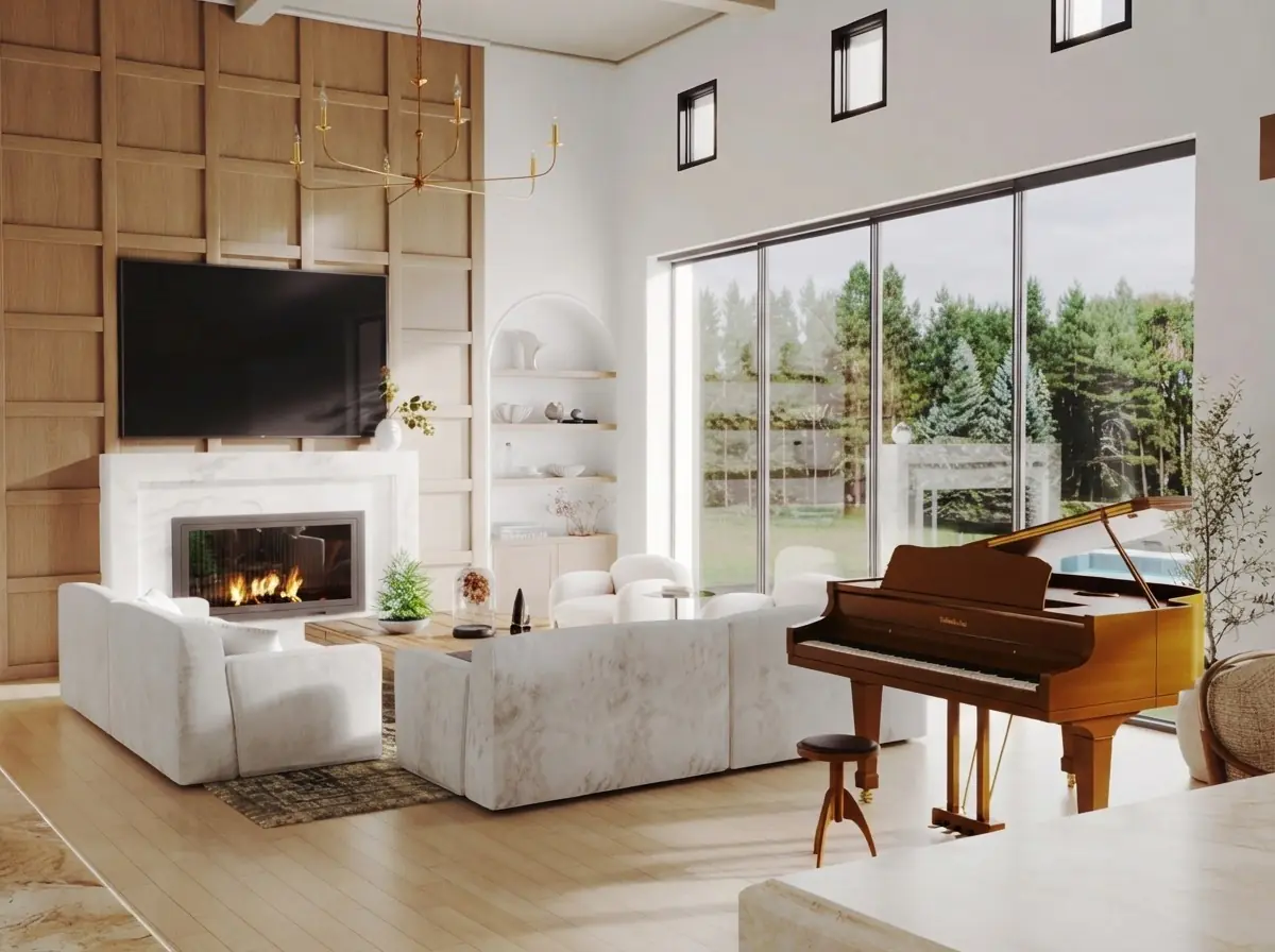 A double-height living room where a white L-shaped sofa and a matching armchair face a marble fireplace with a TV above it, with a grand piano beside tall glass doors to the garden