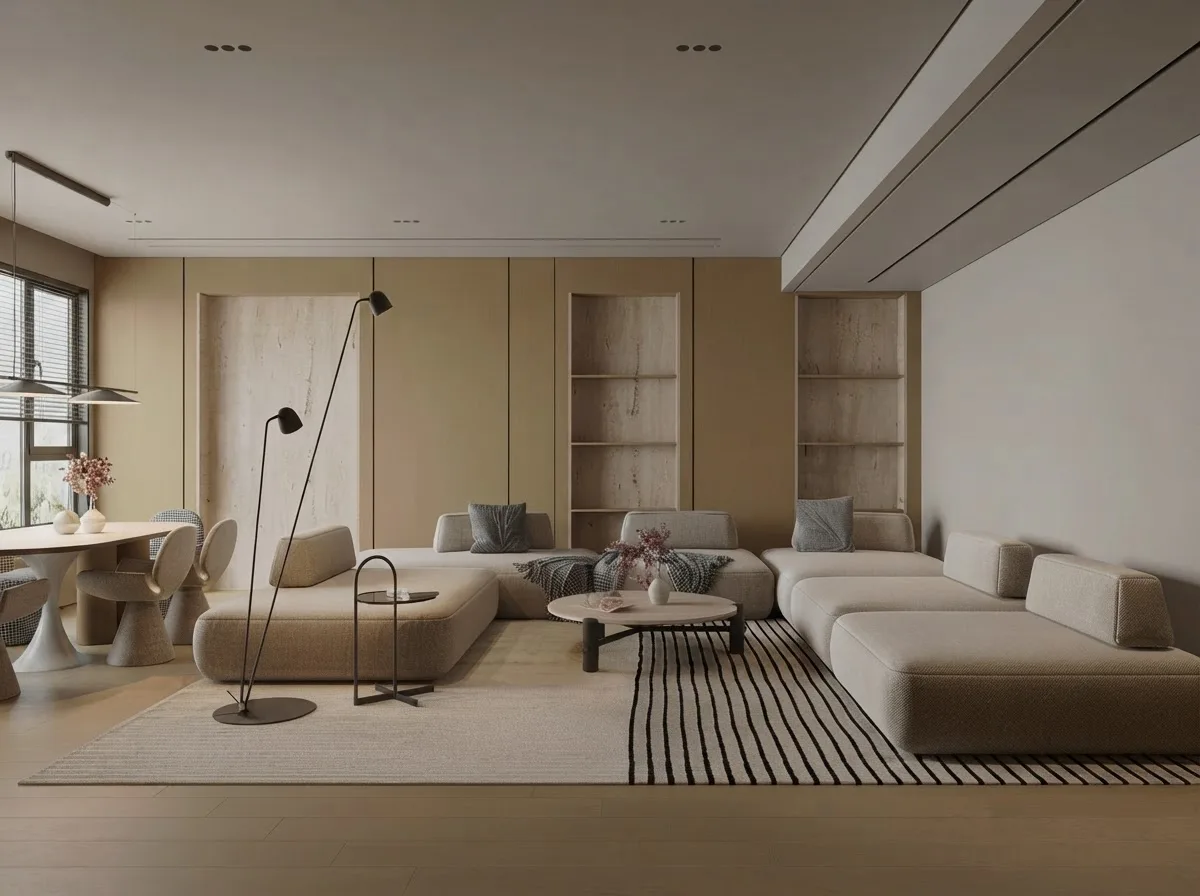 A long living room with a beige modular sofa and chaise arranged in an L on a large rug with a striped border, a low round coffee table in the middle and a slim floor lamp by the sofa