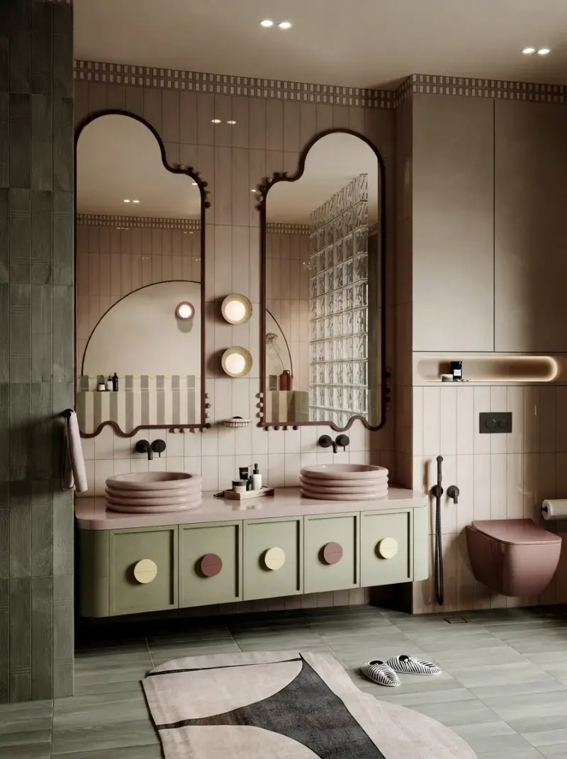 Bathroom designed with MeltFlex AI: Pink & Sage Retro Bathroom