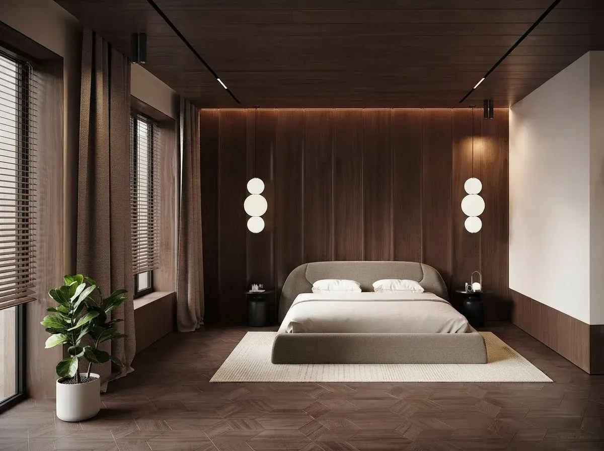 A walnut-panelled bedroom with an upholstered grey bed centered on the back wall, matching black nightstands and pendant lights on each side, a cream rug extending past the foot of the bed and clear floor space on both sides